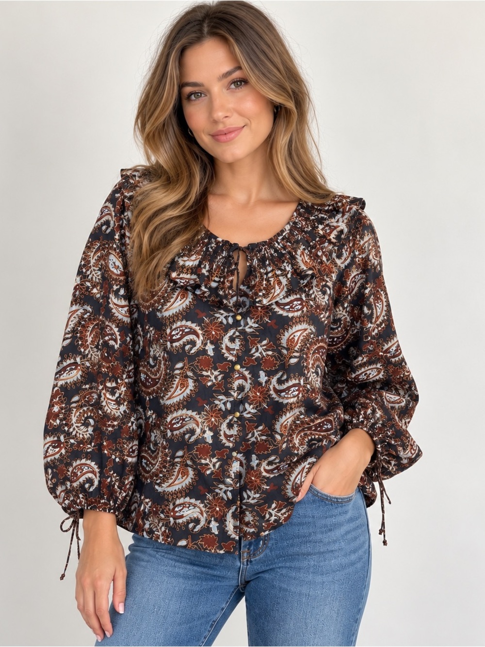 Cleobella Brown Paisley Tie-Neck Blouse